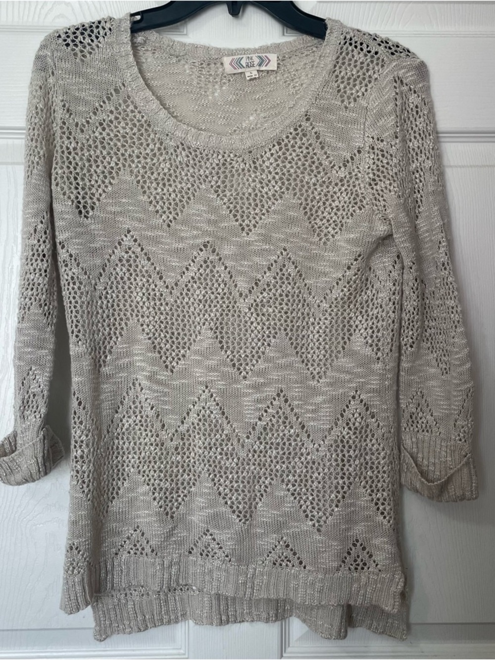 Pink Rose Light Beige Open-Knit Chevron Pullover Sweater